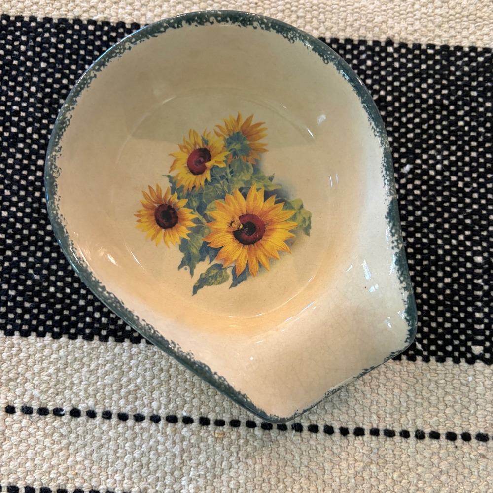 Home and Garden Party Sunflower Stoneware Spoon Rest Green Rim Farmhouse